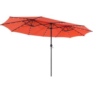 Giantex 15 FT Double Patio Umbrellas with 48 Solar LED Lights, Auto-Charging Panel, Crank System, Outdoor Extra-Large Rectangle Market Table Umbrella for Garden Deck Backyard Beach Pool(Orange)