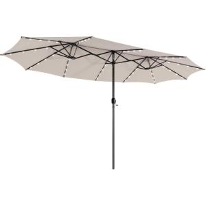 Giantex 15 FT Double Patio Umbrellas with 48 Solar LED Lights, Auto-Charging Panel, Crank System, Outdoor Extra-Large Rectangle Market Table Umbrella for Garden Deck Backyard Beach Pool(Beige)