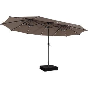 Giantex 15ft Large Outdoor Umbrella Double-Sided, 48 Solar Lights, Auto-Charging Solar Panel, Extra Large Patio Umbrella with Base and Crank, Outdoor Market Umbrellas for Poolside Garden(Tan)