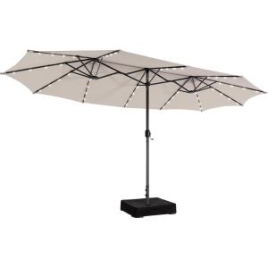 Giantex 15ft Large Outdoor Umbrella Double-Sided, 48 Solar Lights, Auto-Charging Solar Panel, Extra Large Patio Umbrella with Base and Crank, Outdoor Market Umbrellas for Poolside Garden(Beige)
