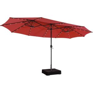 Giantex 15ft Large Outdoor Umbrella Double-Sided, 48 Solar Lights, Auto-Charging Solar Panel, Extra Large Patio Umbrella with Base and Crank, Outdoor Market Umbrellas for Poolside Garden(Burgundy)