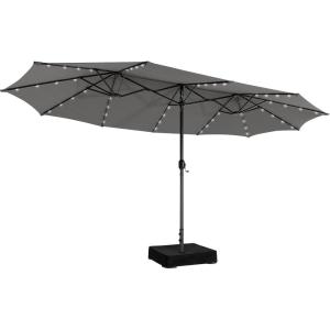 Giantex 15ft Large Outdoor Umbrella Double-Sided, 48 Solar Lights, Auto-Charging Solar Panel, Extra Large Patio Umbrella with Base and Crank, Outdoor Market Umbrellas for Poolside Garden(Gray)