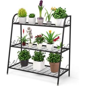Giantex 2 Tier Metal Plant Stand, Indoor Outdoor Plant Shelf, Flower Rack Display Shelf, Flower Pots Holder with Adjustable Feet for Garden, Balcony, Living Room (2-tier (25” x 12” x 24.5”))(3-tier (32”x 13” x 32”))