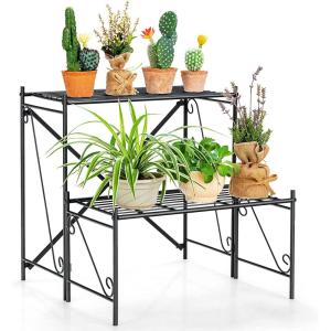 Giantex 2 Tier Stair Style Metal Plant Stand, Flower Pot Display Holder with Widened Grid Rack, Indoor Outdoor Multifunctional Storage Organizer Ladder Shelf for Garden Balcony Yard