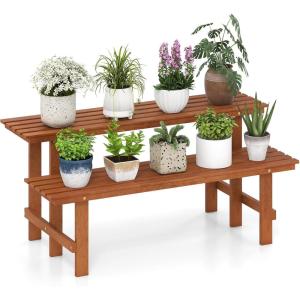 Giantex 2 Tier Wood Plant Stand, Ladder Plant Shelf for Multiple Potted Plants with Teak Oil Finish, Indoor & Outdoor Flower Pot Holder, Corner Display Rack for Balcony, Living Room, Garden