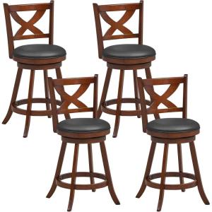Giantex 24” Bar Stools Set of 2, 360° Swivel Counter Height Stools with Back, Solid Rubber Wood Frame, Leather Padded Seat, Vintage Upholstered Armless Farmhouse Barstools for Kitchen Island Home Bar(2)