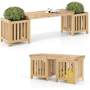 Giantex 2-in-1 Outdoor Bench with 2 Raised Garden Beds, Wood with Teak Oil Finish, Planter Boxes with Open-Ended Base, Garden Bench Seat for Porch Balcony Lawn Yard, DIY Assembly, 42″x11″x11.5″(Natural)