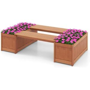 Giantex 2-in-1 Outdoor Bench with 2 Raised Garden Beds, Wood with Teak Oil Finish, Planter Boxes with Open-Ended Base, Garden Bench Seat for Porch Balcony Lawn Yard, DIY Assembly, 42″x11″x11.5″(Teak)