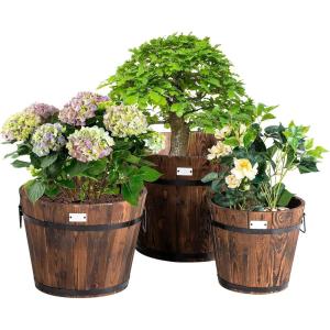 Giantex 3 Pieces Barrel Planter, Wood Bucket Raised Beds for Plants Herbs Veggies, Indoor Outdoor Decorative Planter Box with Drainage Holes 3 Sizes