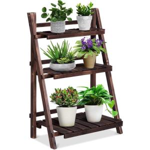 Giantex 3 Tier Folding Wooden Plant Stand, Indoor Flower Pot Holder Display Rack, Free Installation Corner Plants Storage Shelf, Foldable Rustic Wood Ladder Shelf for Home Patio Balcony Garden