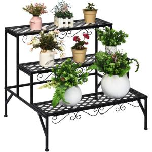 Giantex 3 Tiers Black Metal Plant Stand, Metal Plant Shelf Stands w/ 6-9 Flower Potted Capacity Holders, Multiple Flower Pot Display Rack for Plants Patio Garden Corner Indoor (Rectangular)(Rectangular)