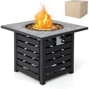 Giantex 32 Inch Propane Fire Pits, 50,000 BTU Square Gas Firepit with High-Temp Resistant Tabletop, Adjustable Flame Lava Rocks and Waterproof Cover, CSA Approved, Outdoor Fire Pit Table (Black)(Black)