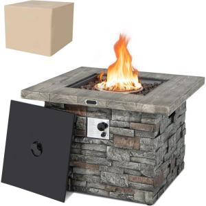 Giantex 34.5″ Propane Gas Fire Pit Table – Patio 2-in-1 Outdoor Square Fire Table W/Volcanic Rock & PVC Cover, Stainless Steel Burner, 50,000 BTU Heat Output, Faux Stone Surface, Outside Fireplace