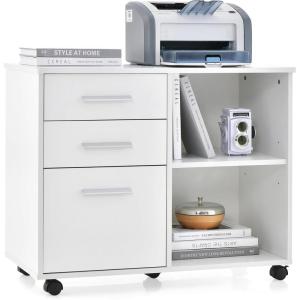 Giantex 3-Drawer File Cabinet for Office – Home Mobile Lateral Filing Cabinet with Hanging Bars, Open Storage Shelves, 5 Universal Wheels, Printer Stand for Letter Size Storage Cabinet (White)(White)