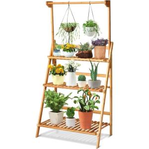 Giantex 3-Tier Hanging Plant Stand Storage Shelf, Folding Flower Pot Organizer Display Storage Rack, Adjustable Hanger Rod, Bamboo Planters Shelves Potted Holder for Patio Garden Balcony Bathroom