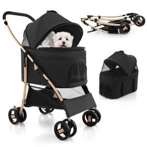 Giantex 3-in-1 Folding Dog Stroller Detachable Carrier Car Seat, 4 Wheels Pet Travel Stroller with Adjustable Canopy, Storage Basket for Small Medium Dogs Cats Puppy (Black & Rose Gold)(Black & Rose Gold)