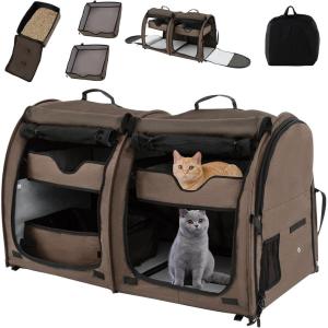 Giantex 40 Inch Cat Carrier with Double Compartments, Travel Litter Box, 2 Removable Hammocks and Mats, Portable Cat House Pet Kennel Dog Crate with Carry Bag for Car Trip Camping (Brown)(Brown)