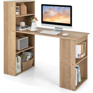 Giantex 48 Inch Computer Desk with Bookshelf, 3-in-1 Home Office Desk with 4-Tier Bookcase & CPU Stand, Space-Saving Reversible Writing Desk Work Table for Bedroom, Study Room, Office (Natural)(Natural)