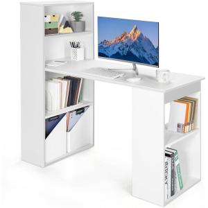 Giantex 48 Inch Computer Desk with Bookshelf, 3-in-1 Home Office Desk with 4-Tier Bookcase & CPU Stand, Space-Saving Reversible Writing Desk Work Table for Bedroom, Study Room, Office (Natural)(White)