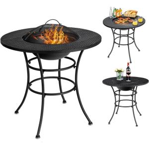 Giantex 4-In-1 Fire Pit Dining Table, 32″ Fire Bowl for Outside, Wood Burning Fireplaces with Cover, Fire Poker, Grill Grate, Patio Dining Table for Camping, Picnic, Yard, Metal Round Outdoor Fire Pit