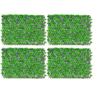 Giantex 4PCS Expandable Fence with Leaves, 6.5ft Privacy Screen Decorative Faux Ivy Fencing Panel for Balcony Patio Deck Backdrop, Outdoor Artificial Hedge Screen (4, Green Leaves & White Flowers)(Green Leaves & Purple Flowers)