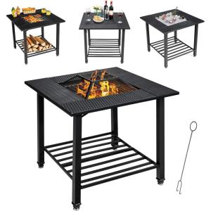 Giantex 4-in-1 Wood Burning Fire Pit, Square Firepit Table with Mesh Cover, Removable Lid, Cooking Grate, Log Grate and Fire Poker, Outdoor Fire Table for Garden Poolside Balcony