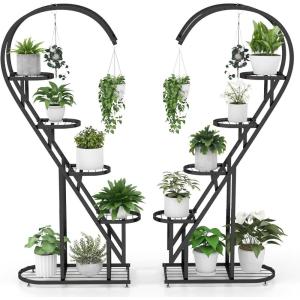 Giantex 5 Tier Metal Plant Stand Indoor, Creative Heart-shaped Ladder Plant Shelf with Hanging Hook for Multiple Plants, Tiered Flower Display Shelf, Tall Plant Stand for Valentine’s Day Home Holiday(Black)