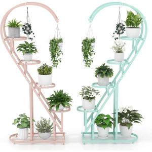 Giantex 5 Tier Metal Plant Stand Indoor, Creative Heart-shaped Ladder Plant Shelf with Hanging Hook for Multiple Plants, Tiered Flower Display Shelf, Tall Plant Stand for Valentine’s Day Home Holiday(Pink & Blue)