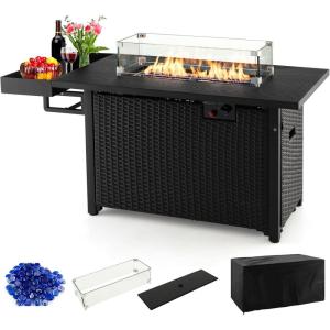 Giantex 52″ Outdoor Propane Fire Pit – 50,000 BTU Wicker Patio Gas Fire Table w/Lid, Waterproof Cover, Tempered Glass Wind Guard & Blue Fire Stone, PE Rattan Firepit Table w/Storage Shelf (Brown)(Black)