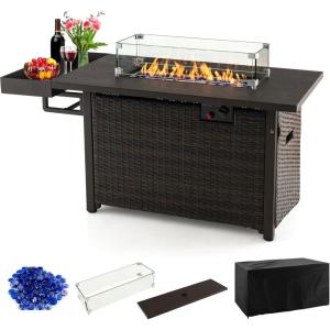 Giantex 52″ Outdoor Propane Fire Pit – 50,000 BTU Wicker Patio Gas Fire Table w/Lid, Waterproof Cover, Tempered Glass Wind Guard & Blue Fire Stone, PE Rattan Firepit Table w/Storage Shelf (Brown)(Brown)