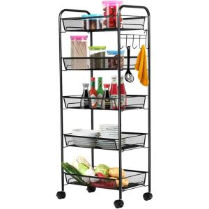 Giantex 5-Tier Storage Cart Rolling Trolley Organizer Utility Cart with Lockable Wheels, 5 Hooks, Mesh Shelves for Home Kitchen, Bathroom, Office and Bedroom (Black)(Black)