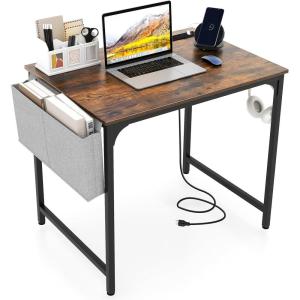 Giantex 60 Inch Computer Desk with Charging Station, Home Office Writing Desk with Storage Bag & Headphone Hook, Large Gaming Table PC Workstation, Modern Simple Laptop Desk for Bedroom, Study(Rustic Brown)