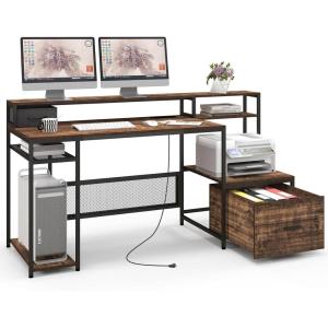 Giantex 67″ Computer Desk with File Drawers Cabinet, Home Office Desk with Monitor Stand, Industrial Study Writing Gaming Desk with Power Outlets, Large PC Work Table Workstation with Printer Space