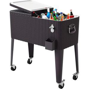 Giantex 80 Quart Rattan Rolling Cooler Cart Outdoor Patio Portable Party Drink Beverage Bar Cold Beach Chest Cart on Wheels, Brown Wicker, 32.7”(L) X18.9”(W) X43.3”(H)