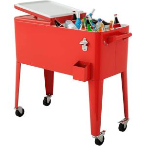 Giantex 80 Quart Rolling Patio Cooler Cart with Bottom Storage Shelf & Drain, Outdoor Ice Chest with Lockable Wheels, Bottle Opener & Cap Catcher, for Party Poolside Backyard BBQ(Red)