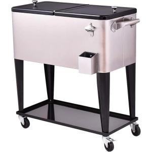Giantex 80 Quart Rolling Patio Cooler Cart with Bottom Storage Shelf & Drain, Outdoor Ice Chest with Lockable Wheels, Bottle Opener & Cap Catcher, for Party Poolside Backyard BBQ(Silver + Black)
