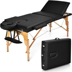 Giantex 84inch Folding Massage Table Lash Bed, Portable 3 Sections Spa Salon Tattoo Bed with Face Cradle Armrests Wooden Legs, Professional Massage Bed Height Adjustable with Carry Case (Black)(Black)