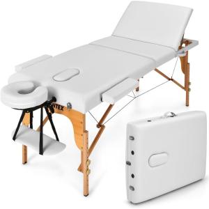 Giantex 84inch Folding Massage Table Lash Bed, Portable 3 Sections Spa Salon Tattoo Bed with Face Cradle Armrests Wooden Legs, Professional Massage Bed Height Adjustable with Carry Case (Black)(White)