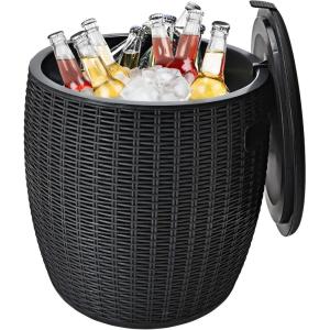 Giantex 9.5 Gallon Ice Cooler, Wicker Round Ice Chest, Outdoor Beer Wine Ice Bucket, Top Lid Side Handles Drainage Plug, Weather-resistant Patio Cool Bar Table for Cocktail Party Poolside Deck(Black)