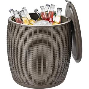 Giantex 9.5 Gallon Ice Cooler, Wicker Round Ice Chest, Outdoor Beer Wine Ice Bucket, Top Lid Side Handles Drainage Plug, Weather-resistant Patio Cool Bar Table for Cocktail Party Poolside Deck(Taupe)