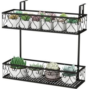 Giantex Balcony Flower Pot Stand Rack w/ Adjustable Hooks & 2 Planter Baskets , Patio Railing Shelf Plant Pots Holder, Metal Hanging Planter for Outdoor Windows Porch Fence