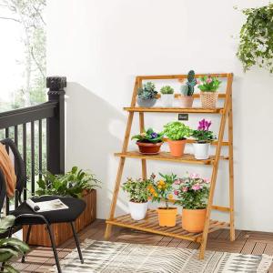 Giantex Bamboo Ladder Plant Stand, 3 Tier Folding Bamboo Plant Shelf, Foldable Flower Pot Display Shelf Rack, Multiple Plants Holder Organizer Storage Shelf for Indoor Outdoor Balcony Garden (Natural)(Natural)