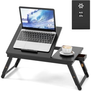 Giantex Bamboo Laptop Desk for Bed, Adjustable Serving Tray Breakfast Table with Tilting Desktop, Folding Lap Tray with Removable Stopper, Cooling Holes & Small Side Drawer (Black)(Black)