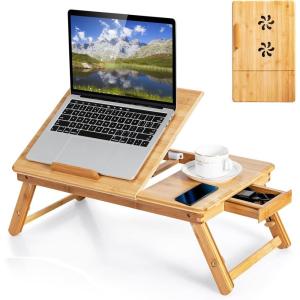 Giantex Bamboo Laptop Desk for Bed, Adjustable Serving Tray Breakfast Table with Tilting Desktop, Folding Lap Tray with Removable Stopper, Cooling Holes & Small Side Drawer (Black)(Natural)