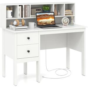Giantex Black Desk with Drawers & Hutch, Home Office Desk with Charging Station, 5 Storage Cubbies, Makeup Vanity Table, Modern Study Writing Desk, PC Laptop Desks, Computer Workstation for Bedroom(White)