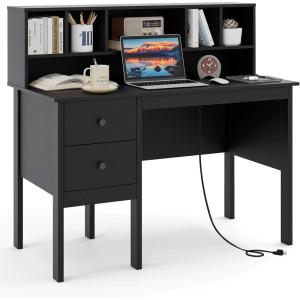 Giantex Black Desk with Drawers & Hutch, Home Office Desk with Charging Station, 5 Storage Cubbies, Makeup Vanity Table, Modern Study Writing Desk, PC Laptop Desks, Computer Workstation for Bedroom(Black)