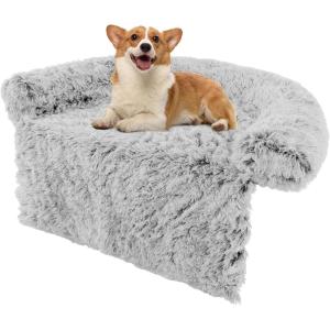 Giantex Calming Dog Bed – Fluffy Plush Pet Bed for Couch, Removable Washable Cover, Soft Neck Bolster, Dog Sofa Bed Furniture Protector Mats for Dogs Cats (Light Gray, Small – 40” x 35” x 6.5”)