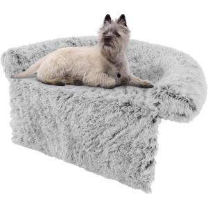 Giantex Calming Dog Bed – Fluffy Plush Pet Bed for Couch, Removable Washable Cover, Soft Neck Bolster, Dog Sofa Bed Furniture Protector Mats for Dogs Cats (Light Gray, Medium – 44” x 40” x 7”)