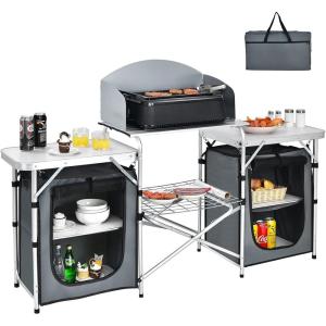 Giantex Camping Kitchen Station, Folding Grill Table with 26” Tabletop, 2 Side Tables, Storage Organizer, Detachable Windscreen, Portable Camp Cook Outdoor Prep Station Backyard BBQ Picnic (Black)(Grey)