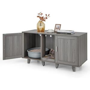 Giantex Cat Litter Box Enclosure – Cat Washroom Hidden Furniture, 2 Storage Cabinets, Removable Cat Scratcher, Air Vents, Detachable Legs, Wood Pet Crate Indoor Cat House TV Stand (Rustic Brown)(Gray)